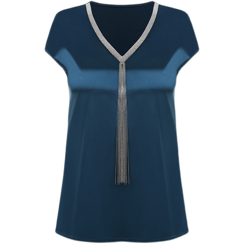 Women Silk Fashion Tops Solid V-neck Tassel Satin Bat Sleeve Blouse for Women