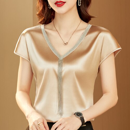 Women Silk Fashion Tops Solid V-neck Tassel Satin Bat Sleeve Blouse for Women