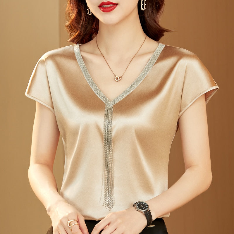 Women Silk Fashion Tops Solid V-neck Tassel Satin Bat Sleeve Blouse for Women
