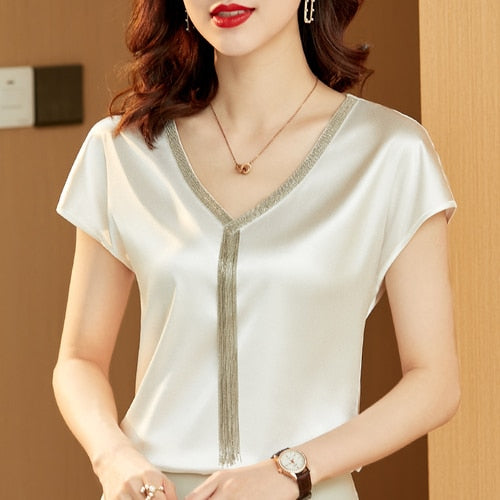 Women Silk Fashion Tops Solid V-neck Tassel Satin Bat Sleeve Blouse for Women