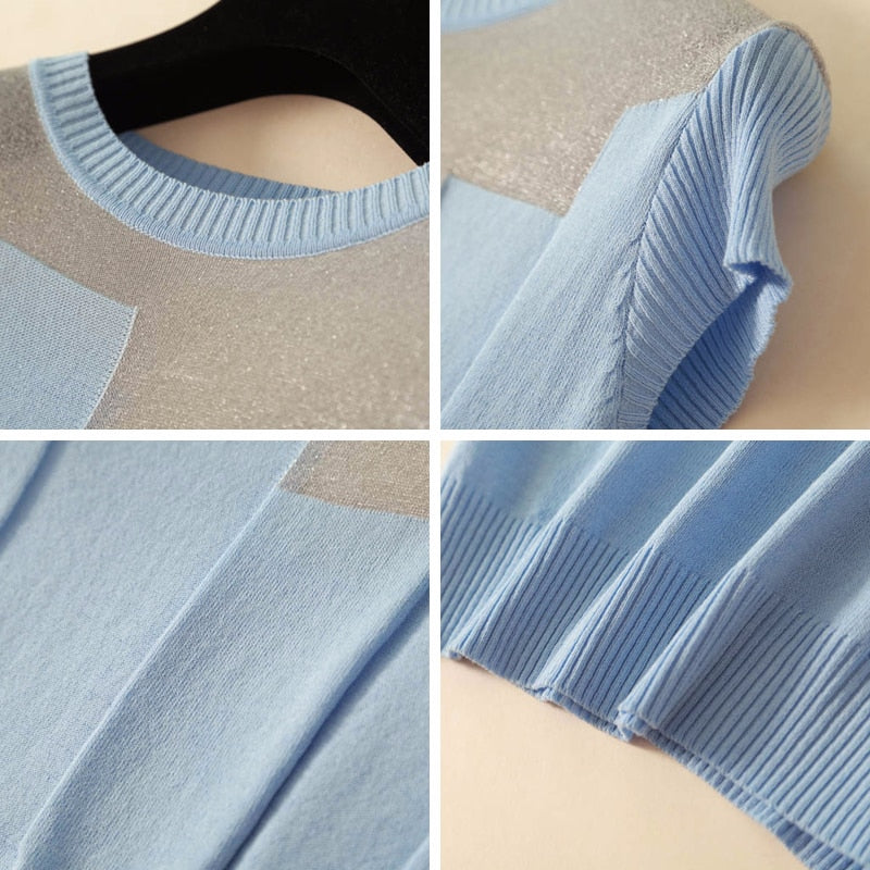 Korean Patchwork Ice Silk Knitted Tops Blusas Mujer De Moda Women