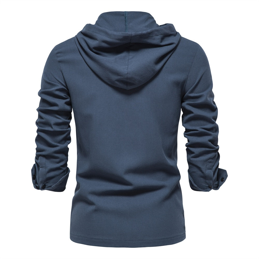 AIOPESON Men’s Spring Cotton Hooded Shirt – Slim Fit Long Sleeve with Pocket