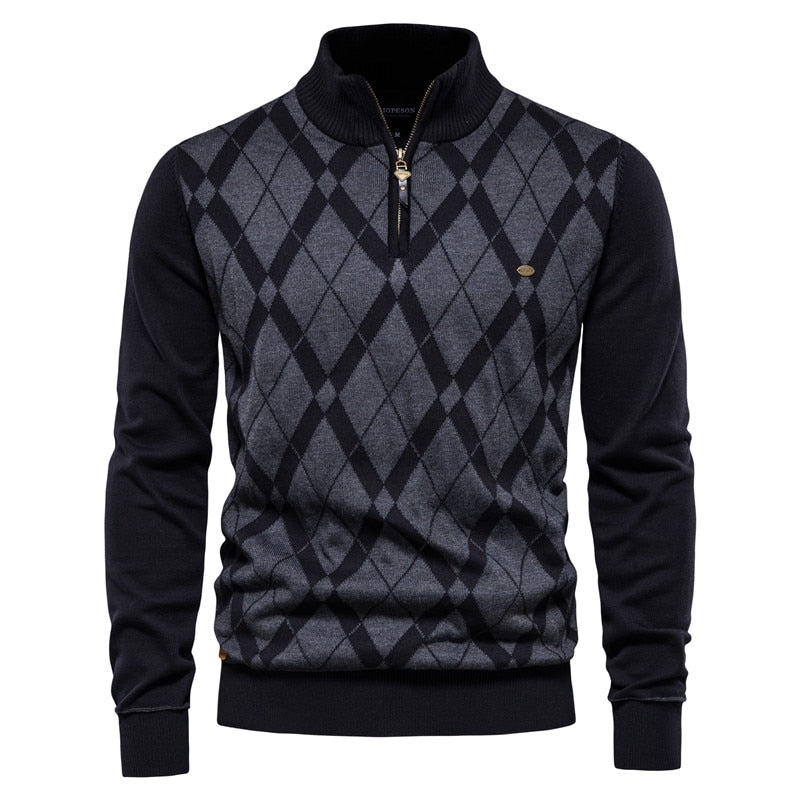 AIOPESON Argyle Solid Color Men’s Cardigan – Casual Zipper Cotton Winter Sweater