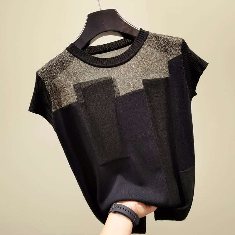 Korean Patchwork Ice Silk Knitted Tops Blusas Mujer De Moda Women