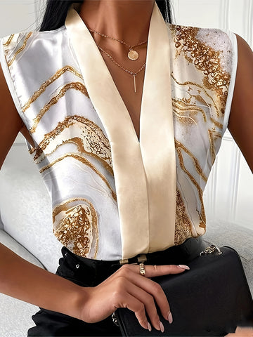 Color Block Deep V Neck Blouse, Elegant Sleeveless Slim Blouse For Spring & Summer, Women's Clothing — view 1 of women's clothing