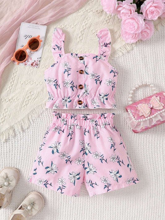 Girl's Suspender Floral Print Top + Shorts, Summer Leisure Vacation Two-piece Set