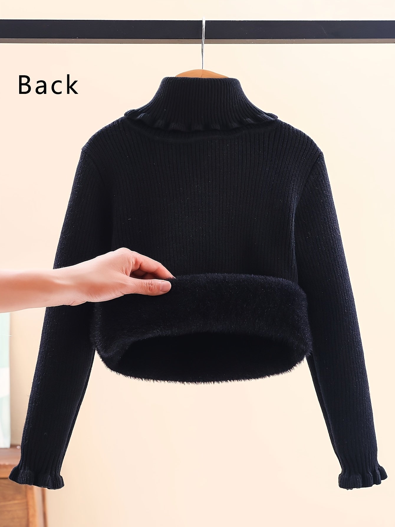 Girls' High Collar Sweater Casual Style with Solid Pattern And Long Sleeves, Slightly Stretchy Knitted Fabric with Elegant Detail