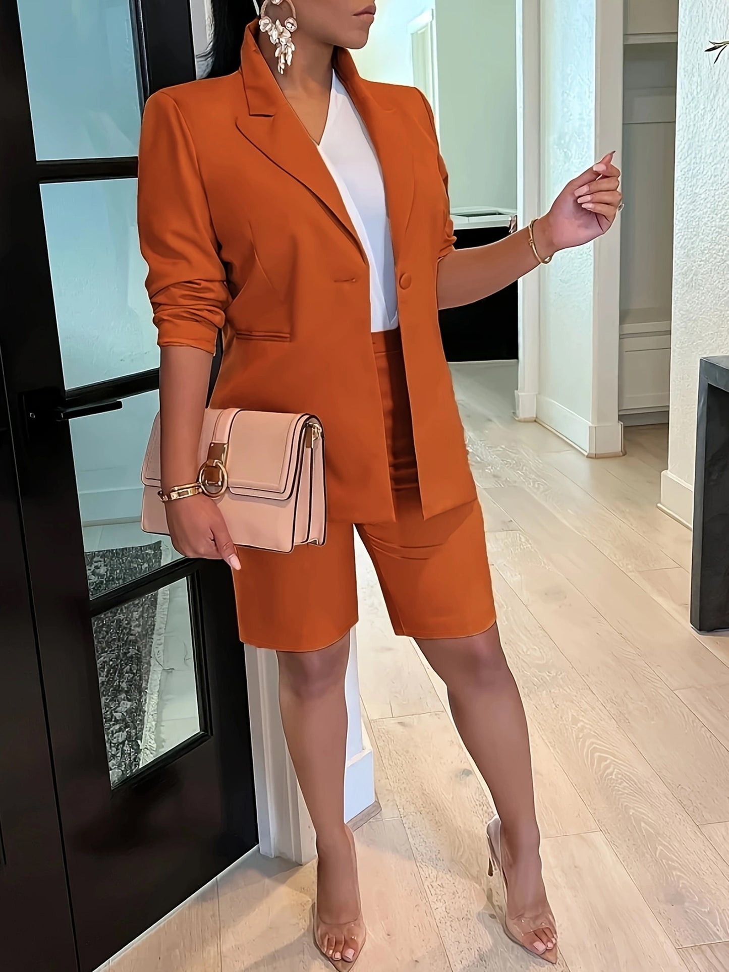 2 Pcs Solid Color Button Front Blazer & Shorts Outfit, Long Sleeve Lapel & Bermuda Shorts, Women's Clothing