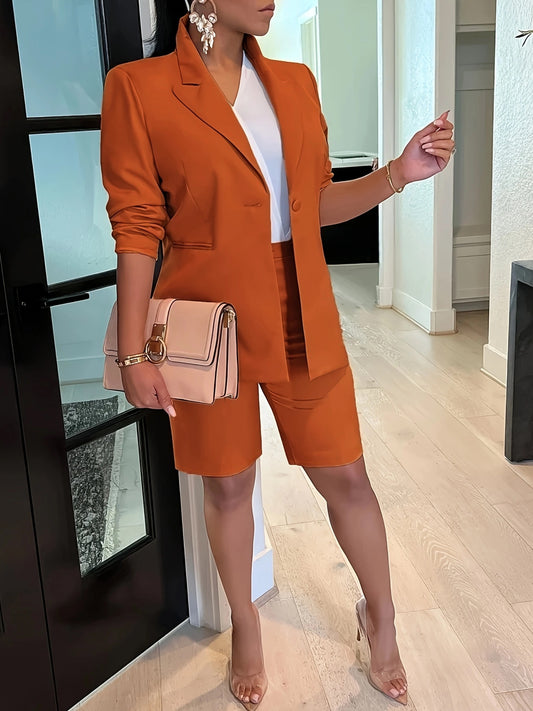 2 Pcs Solid Color Button Front Blazer & Shorts Outfit, Long Sleeve Lapel & Bermuda Shorts, Women's Clothing