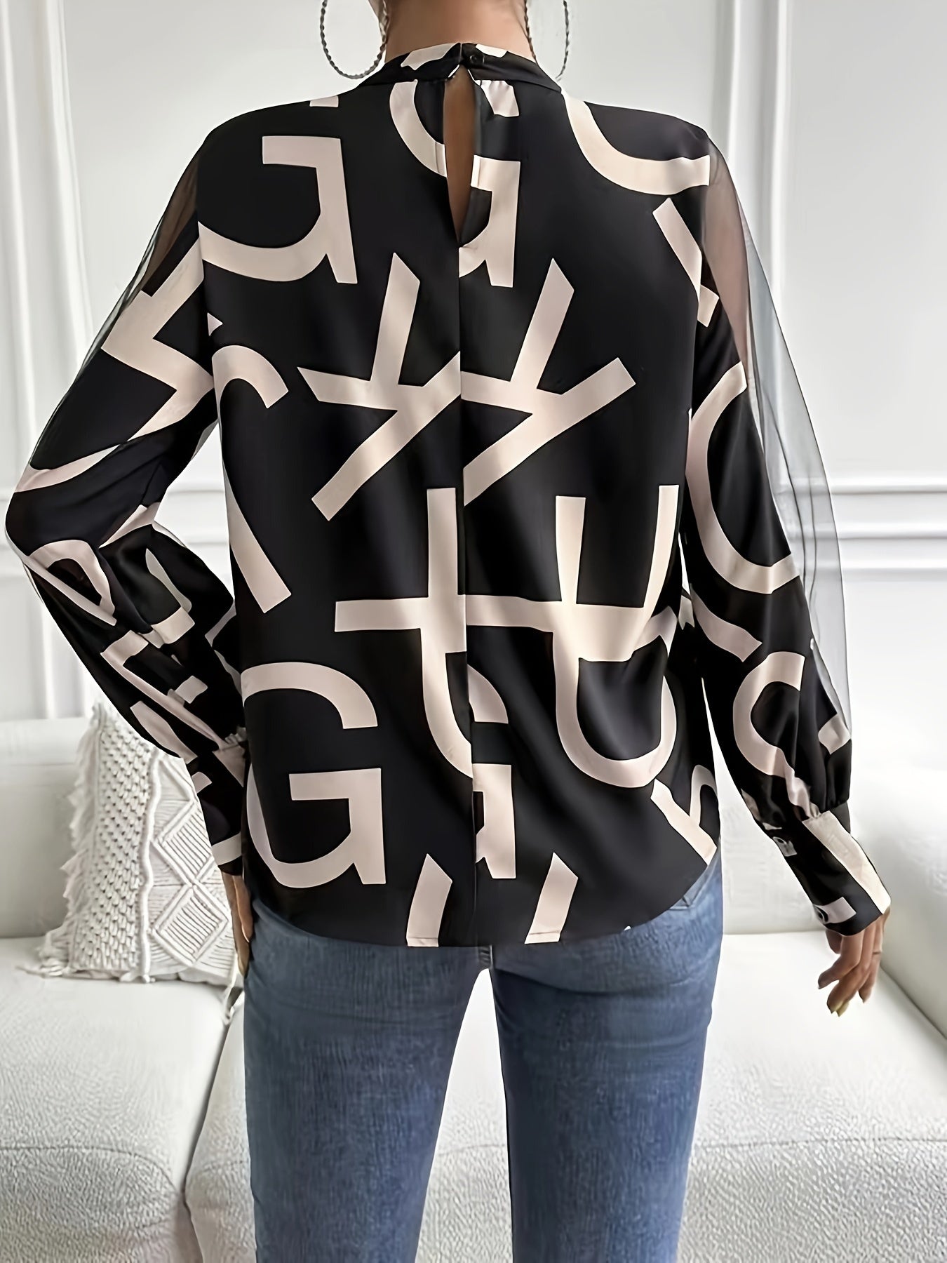 Stylish Letter Print Blouse - Elegant Mock Neck, Casual Long Illusion Sleeves, Comfortable Fit for Spring & Fall, Women's Fashion Clothing for Casual Occasions