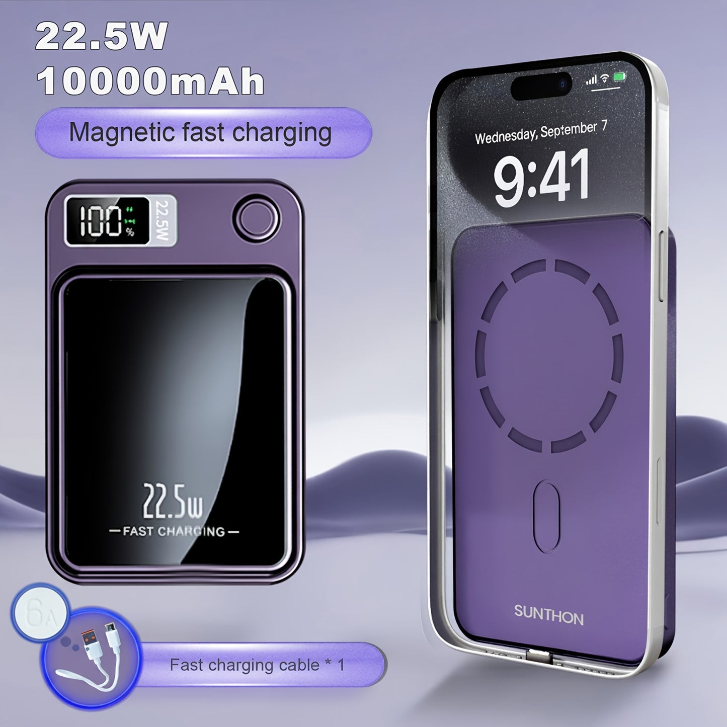Sunthon Magnetic Wireless Charging Power Bank, 10000/5000mAh Portable Wireless Charger, 22.5W/PD20W Fast Charging Battery Pack, with LED Power Display, 2 Outputs And Dual Input External Battery Pack for iPhone 17/16/15/14/13/