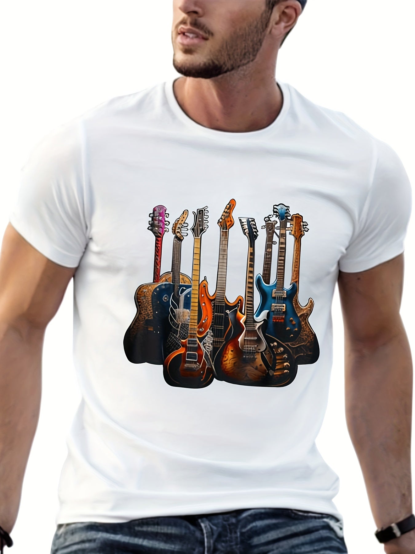 Men's Guitar Graphic Tee - Short Sleeve Crew Neck Cotton T-shirt for Outdoor Casual Wear with Comfortable Fit and Stylish Print Design