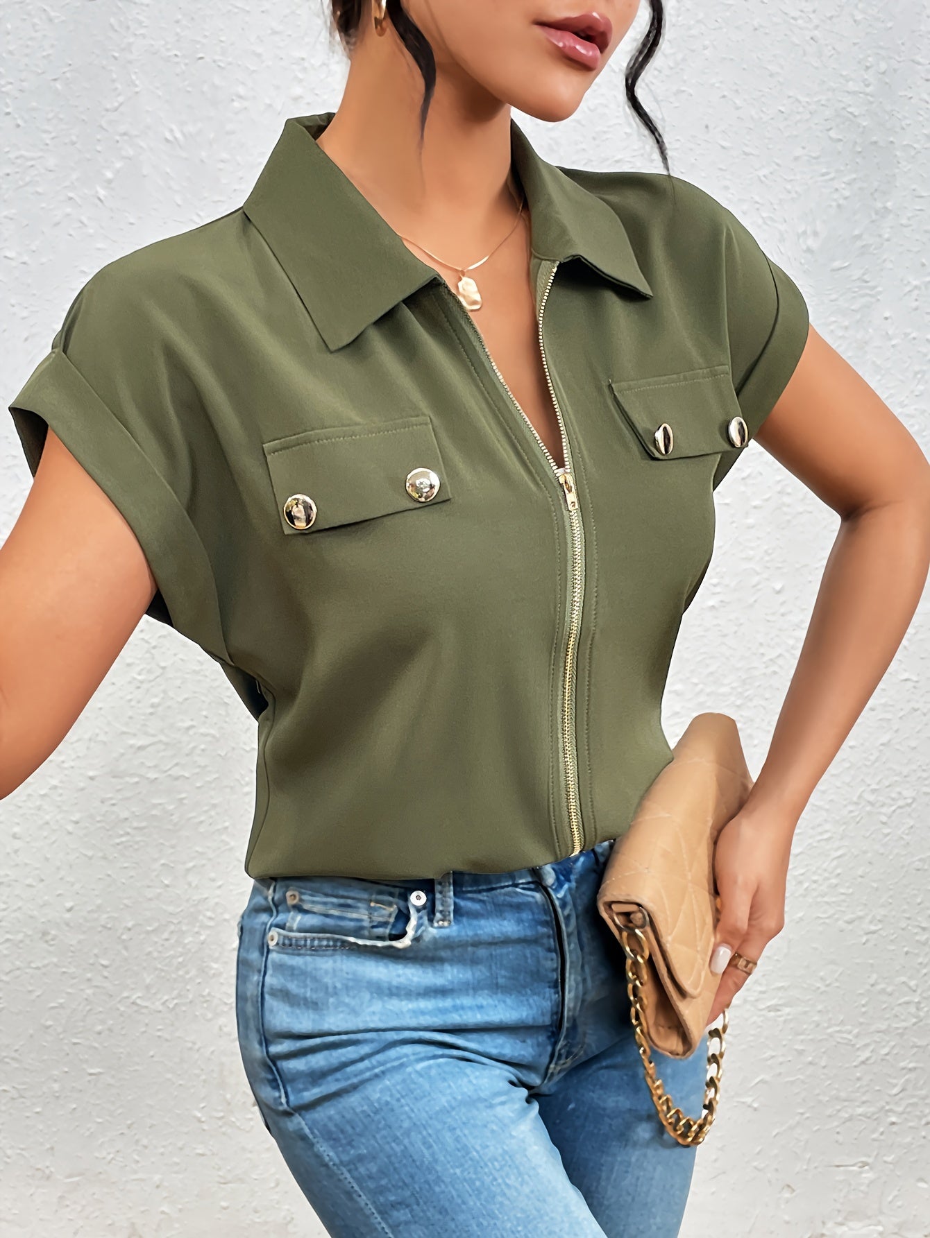 Vibrant Solid Color Short Sleeve Blouse - Convenient Zipper Front Closure, Relaxed Casual Style, Perfect for Spring and Summer Seasons - Womens Clothing for Warm Weather