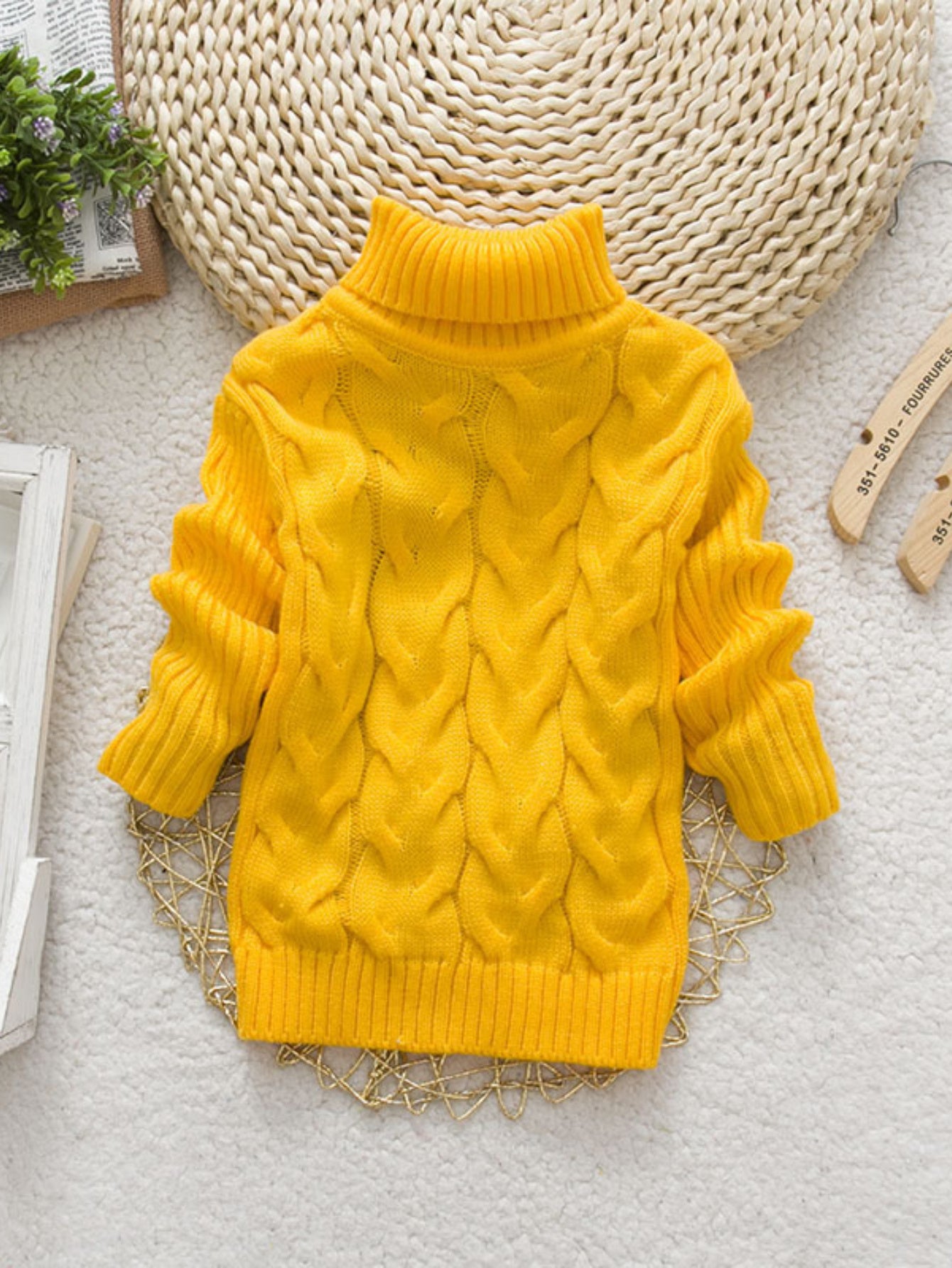 Kids’ High Neck Knit Sweater – Solid Color Torsade Pattern Long Sleeve Pullover