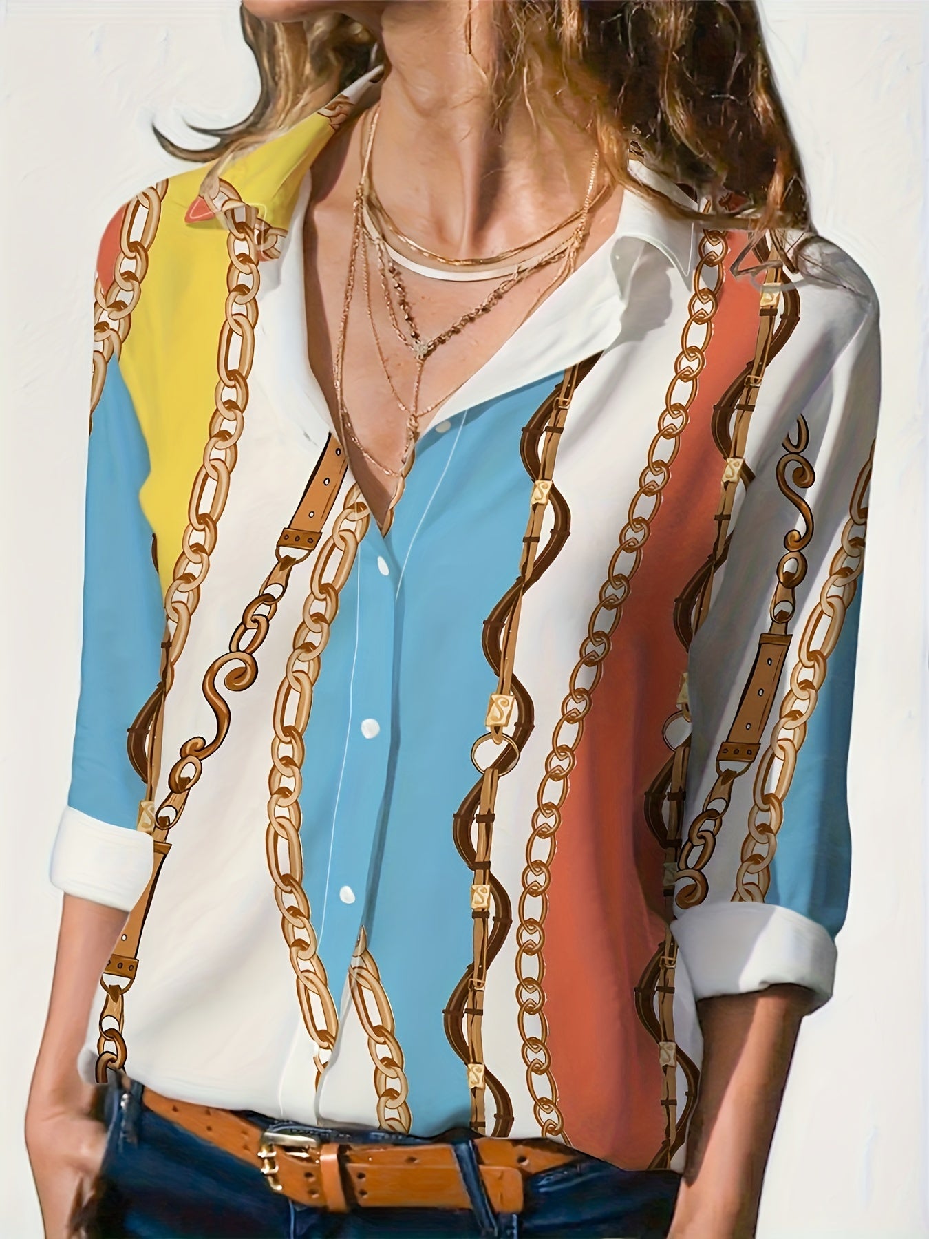 Long Sleeve Women's Blouse - Color Blocking Chain Printing, Button Front, Lapel Design - Versatile For Casual Or Office Wear