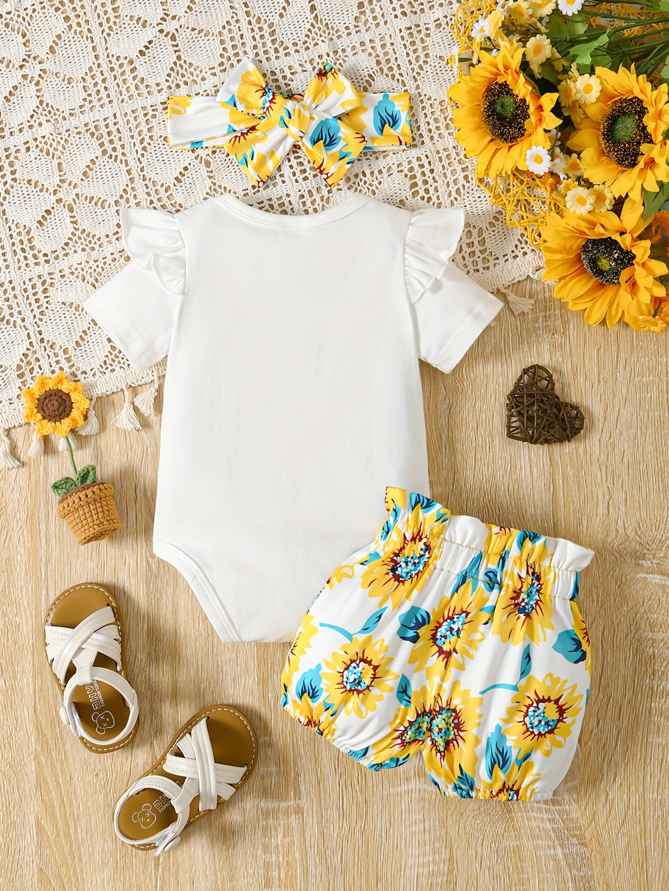 2pcs "You Are My Sunshine" Print Toddler & Infant Girl's Clothes Set, Ruffled Bodysuit & Headband & Sunflower Full Print Shorts