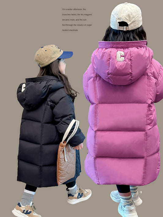 1pc Girls' Winter 2024 Casual Style Hooded Puffer Coat, Thickened Windproof Mid-Length, Solid Color Polyester Filling, Regular Fit, Non-Stretch Fabric