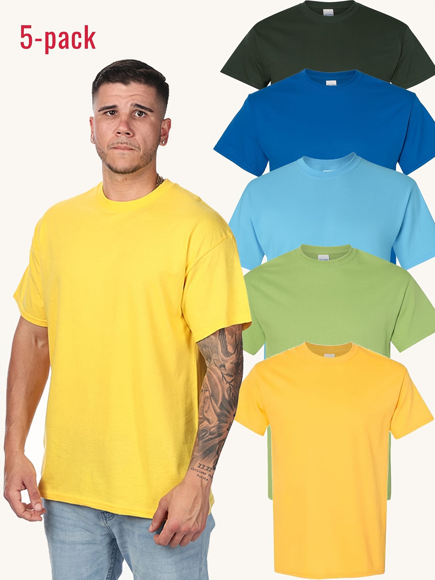 100% Cotton 5-piece Set Men's Classic Solid Color Short Sleeved T-shirt