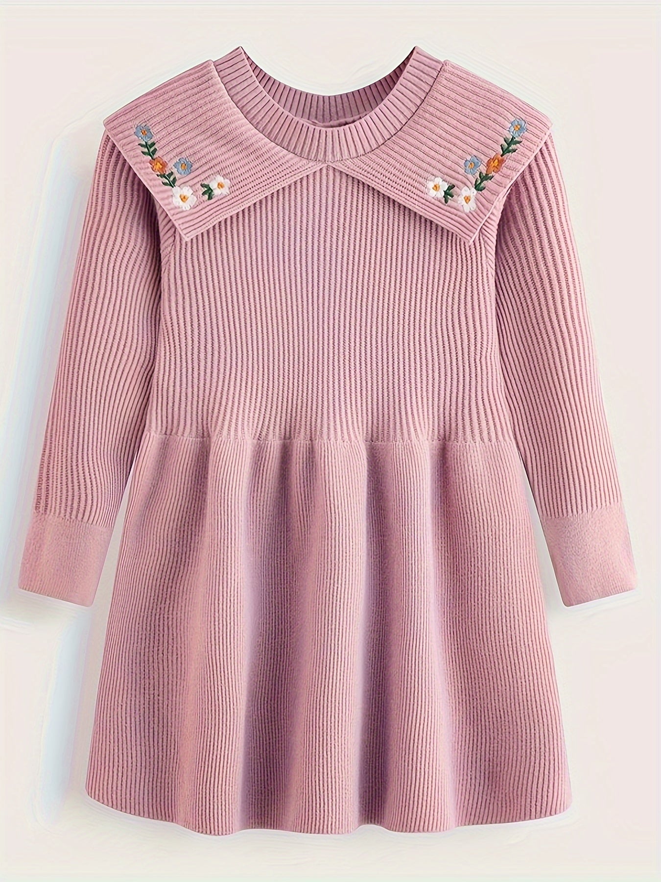 Girls' Embroidered A-line Short Sweater Dresses with Knitted Flower Pattern Lapel Collar for Fall Winter