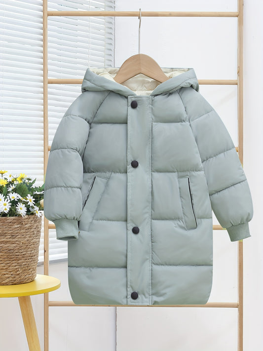 Kids Puffer Coat, Unisex Hooded Winter Jacket, Long Sleeve, Solid Color, Casual Style, Polyester Fleece Lining, Regular Fit, Zipper Closure, for Boys and Girls, Ski Jacket