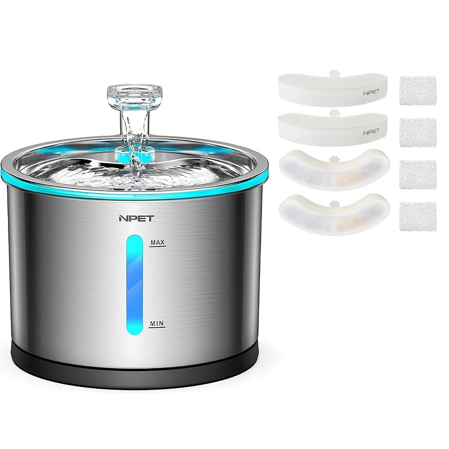 NPET WF210 Cat Water Fountain Stainless Steel, 50oz/1.5L Dishwasher Safe Pet Water Fountain with Visible Window, Ultra Quiet Automatic Cat Water Dispenser with Light for Cats Inside