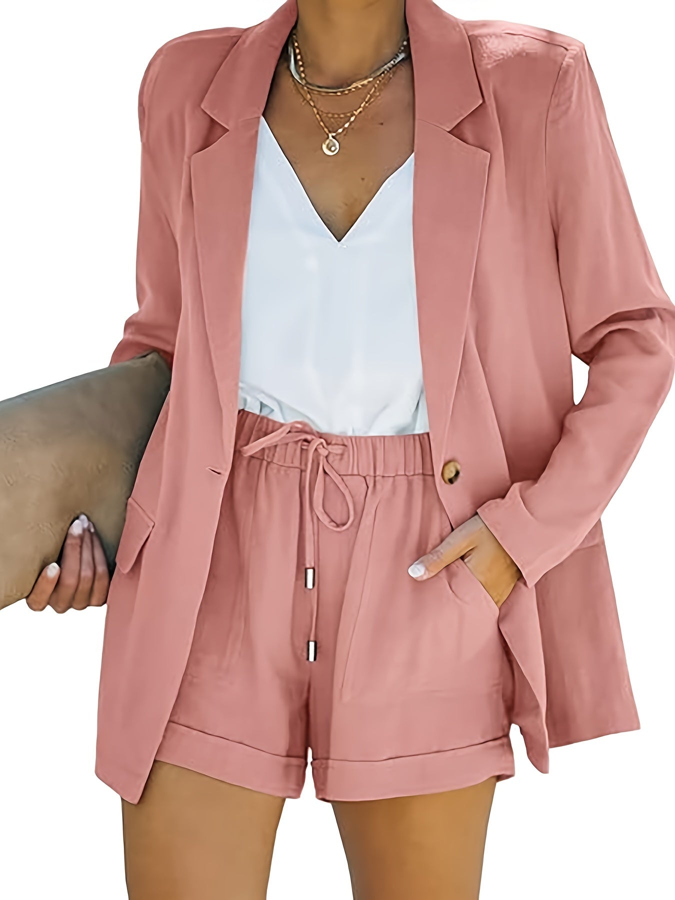 Women's Business Suits Long Sleeve Blazer Jacket Coat And High Waisted Shorts 2 Pieces Outfits Set