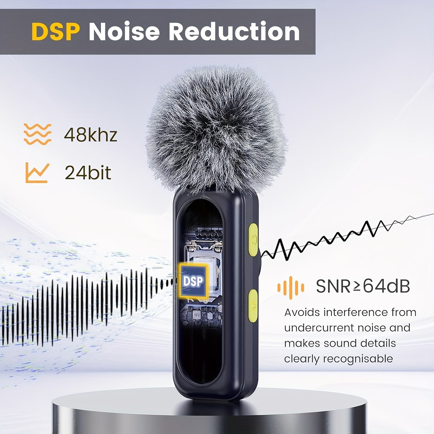 Professional Wireless Lavalier Microphone with Digital Battery Display, Feather Windshield, 360° Omnidirectional, USB-C Connector, 100ft Range, 2.4G Wireless Function, DSP Chip Professional Noise Reduction, Rotatable Magneti