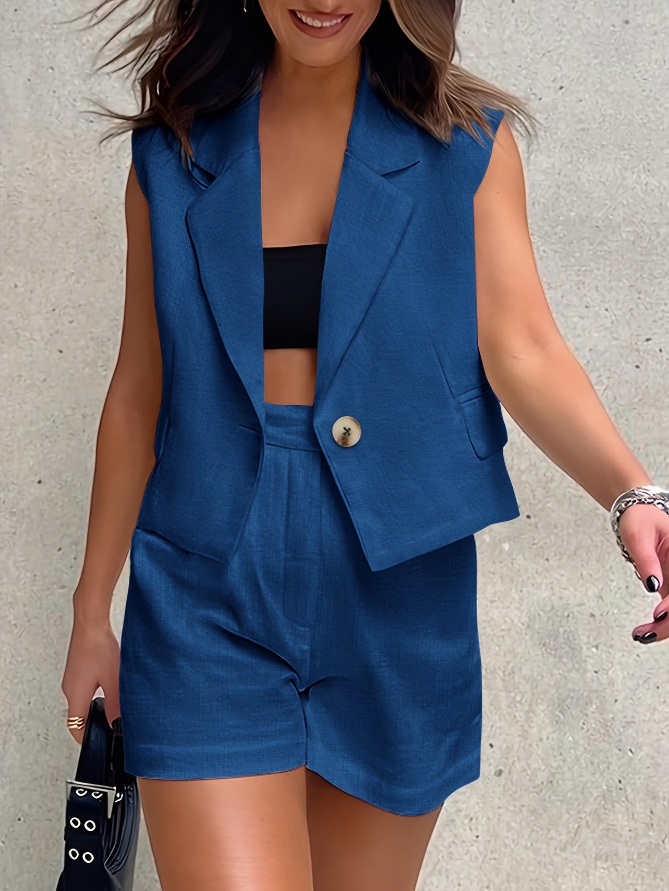 Women's Summer Two-piece Button-up Sleeveless Crop Vest Jacket And High-waisted Shorts Suit Casual Wear