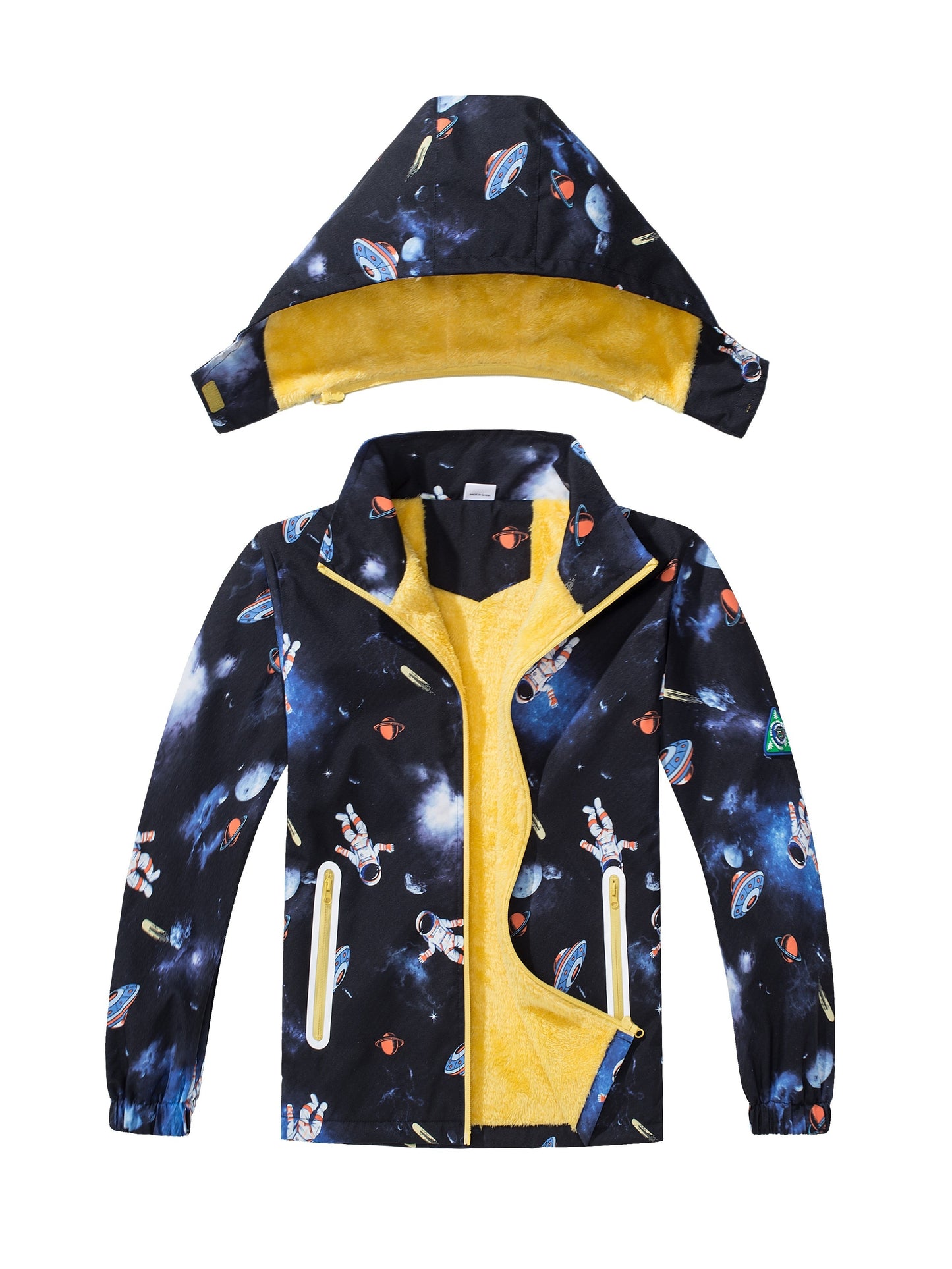 Boys Cartoon Space Astronaut Print Windbreaker Fleece Lining Jacket With Detachable Hood, Long Sleeve Zip Up