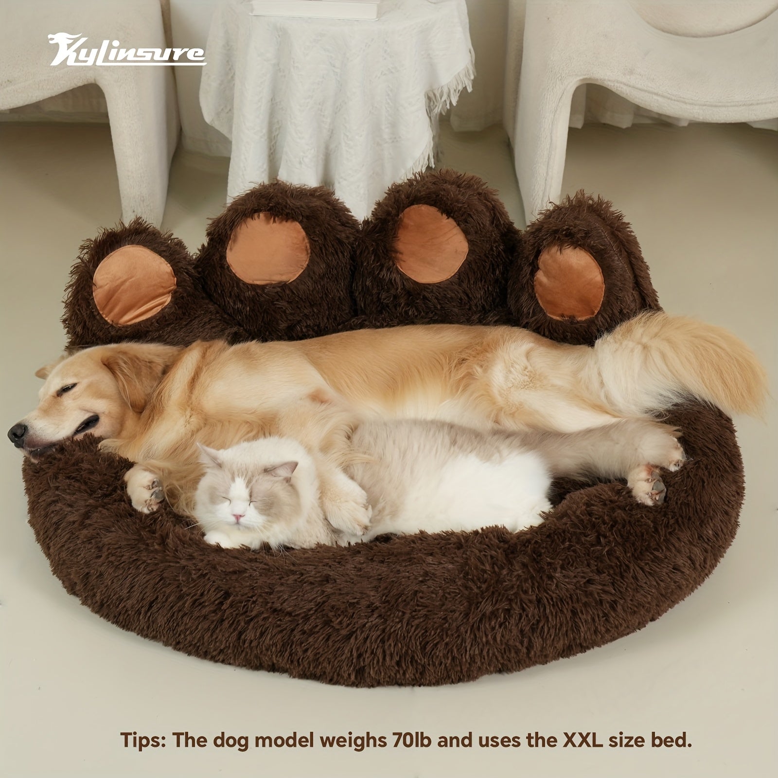 Warm And Comfortable Soft Dog Round Mattress - Coffee Colored - Cute Bear Paw Shaped Dog Bed And Cat Bed - Calm Donut Pet Bed - Plush Dog And Cat Cushion Bed With A Pet Scarf
