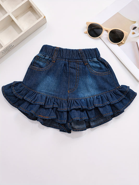 Toddle Girls' Denim Ruffled Hem Shorts, Casual Elastic Waist Denim Short