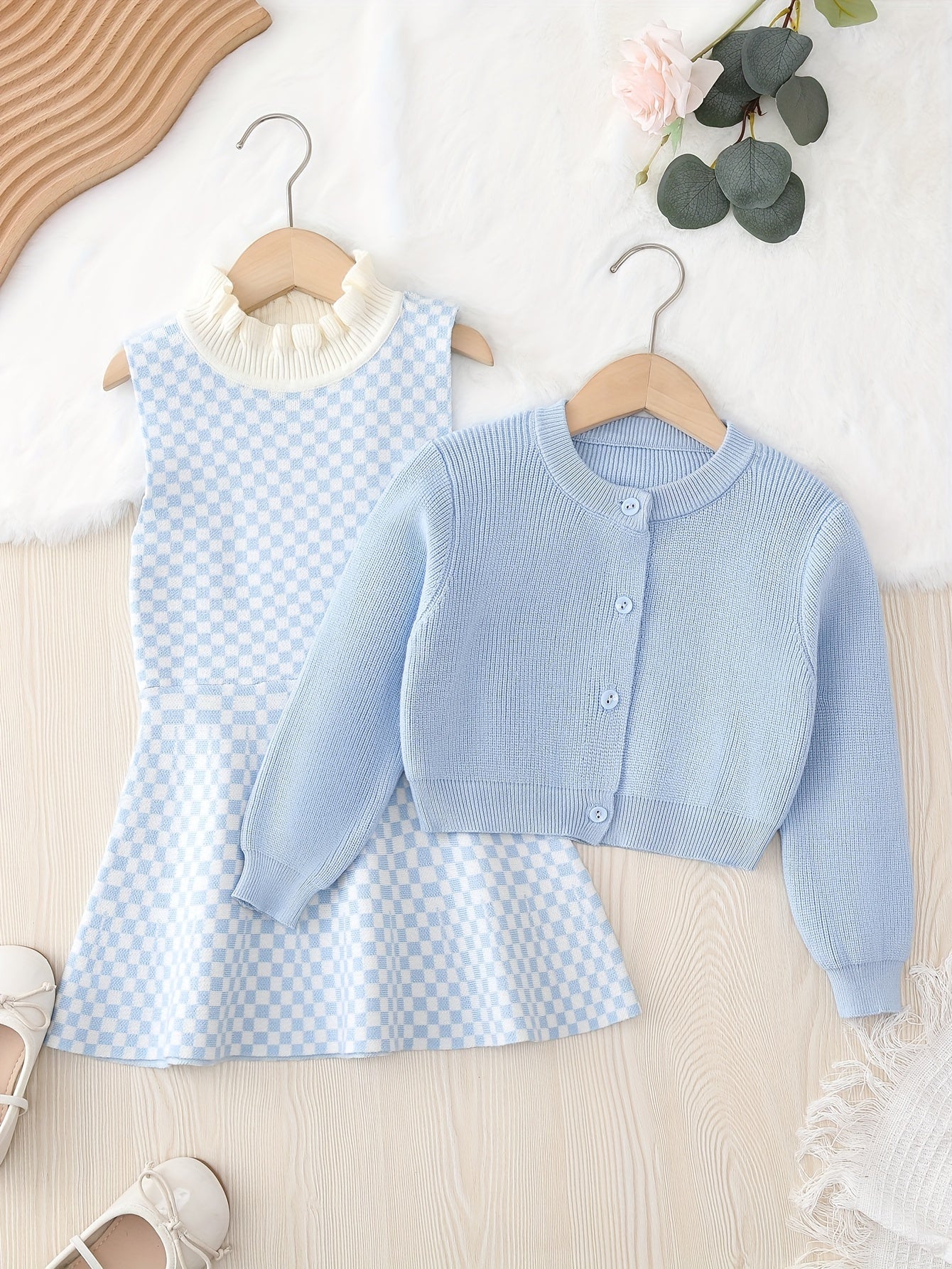 2024 2pcs Knitwear Outfits, Long Sleeve Cardigan + Checkered Ruffle Trim Sleeveless Knit Dress Set for Girls