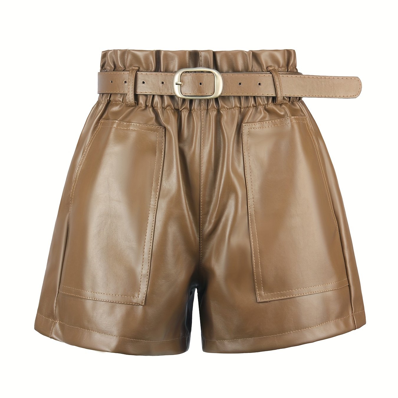 Faux Leather Shorts High Waisted Elastic Band Belted Shorts Flared Leg Faux Leather Shorts