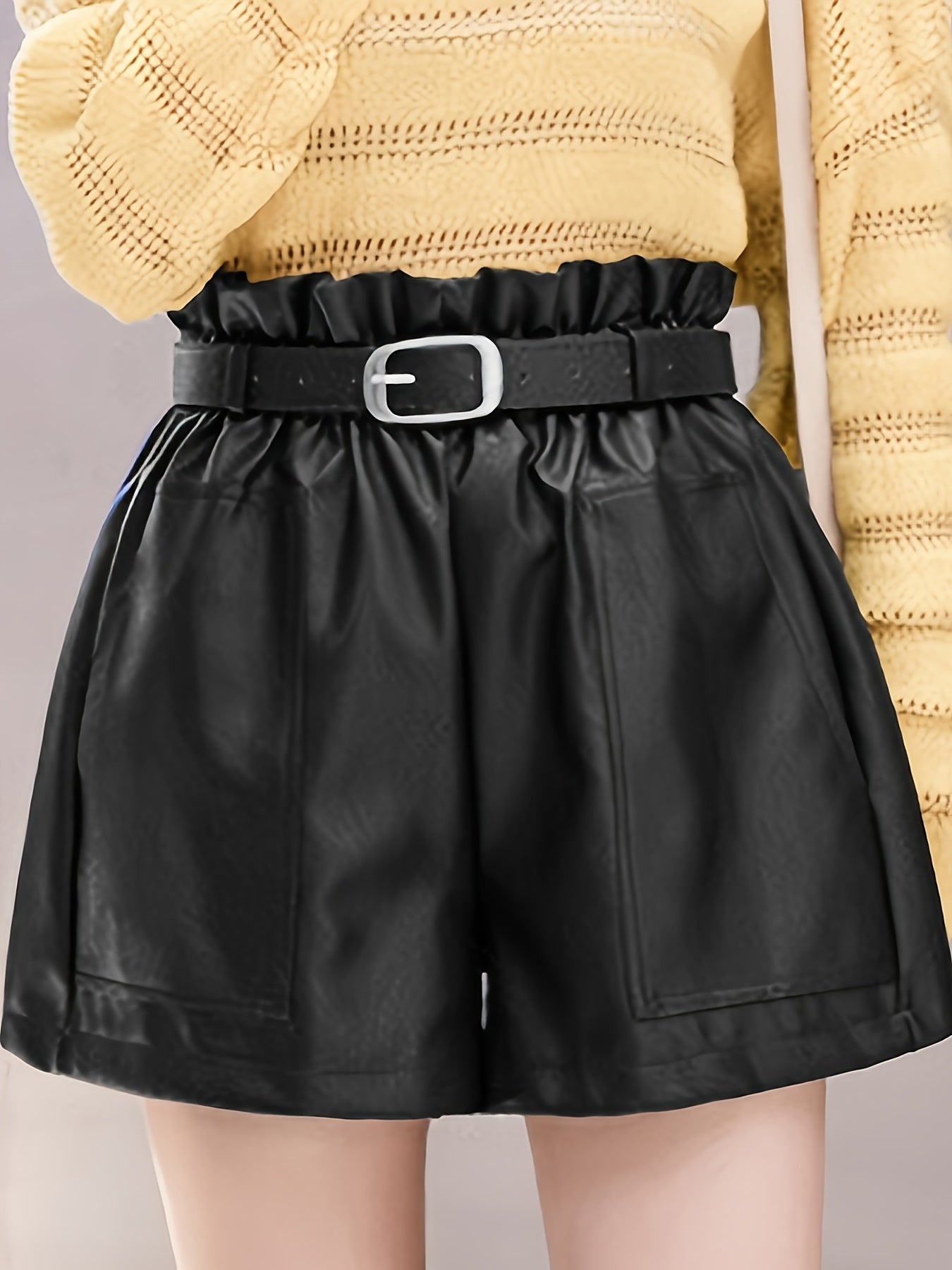 Faux Leather Shorts High Waisted Elastic Band Belted Shorts Flared Leg Faux Leather Shorts