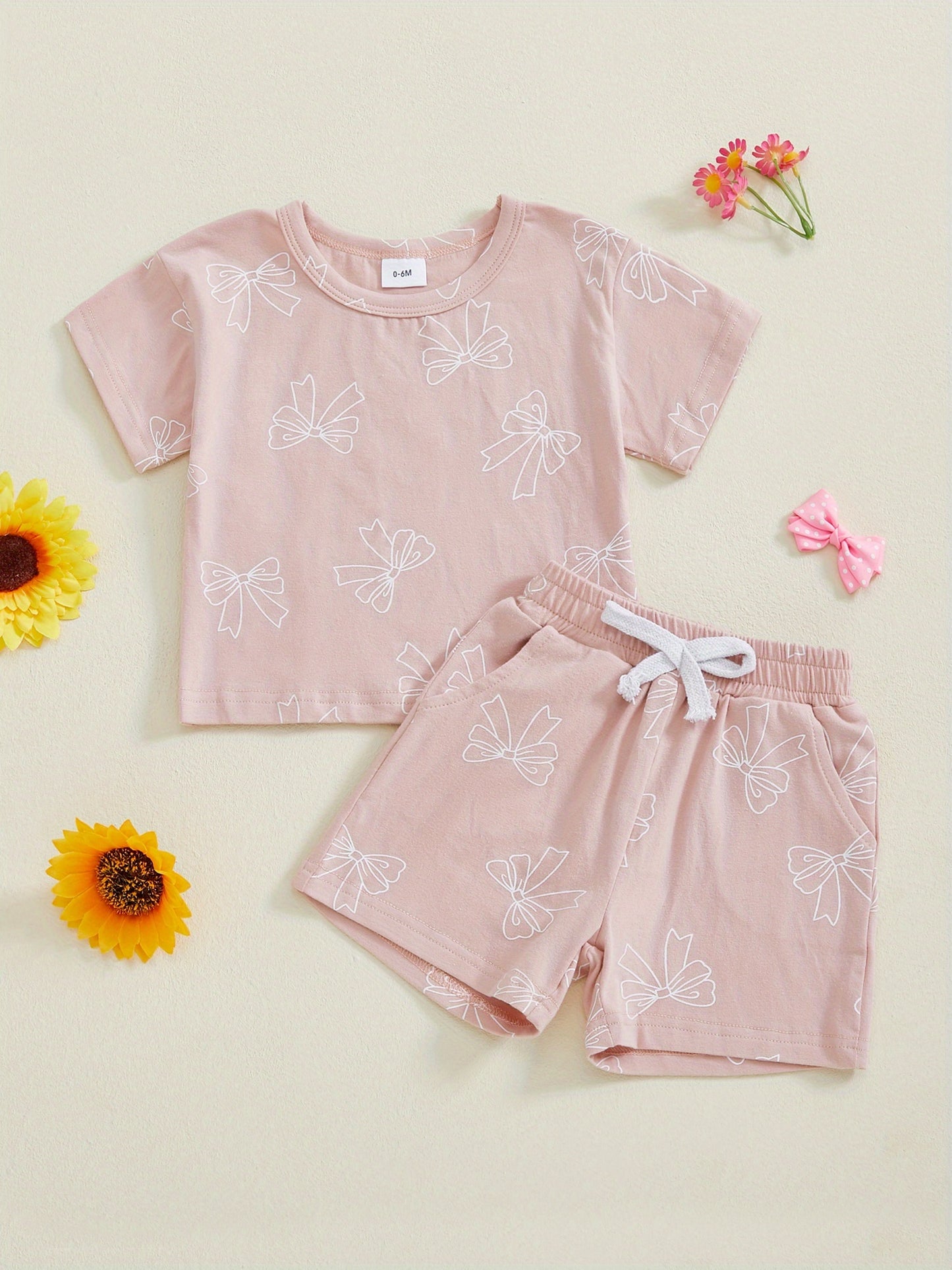 Toddler Girls Summer Outfit Bow Print Short Sleeve T-Shirt and Elastic Shorts Set Cute Summer 2pcs Clothes, Perfect for Outdoor