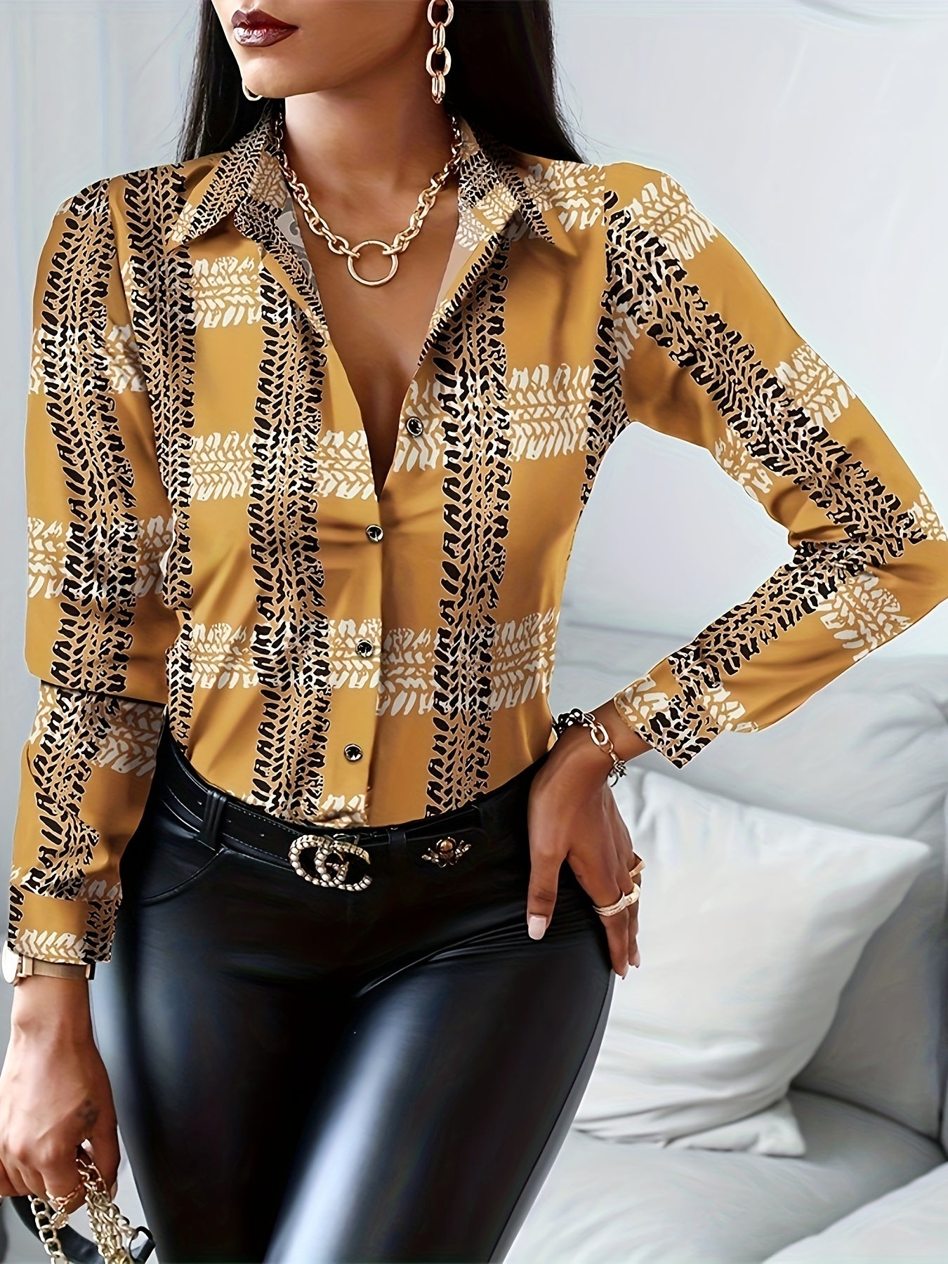 Elegant Long Sleeve Plaid Print Button Up Shirt for Women, Perfect for Spring & Fall Seasons