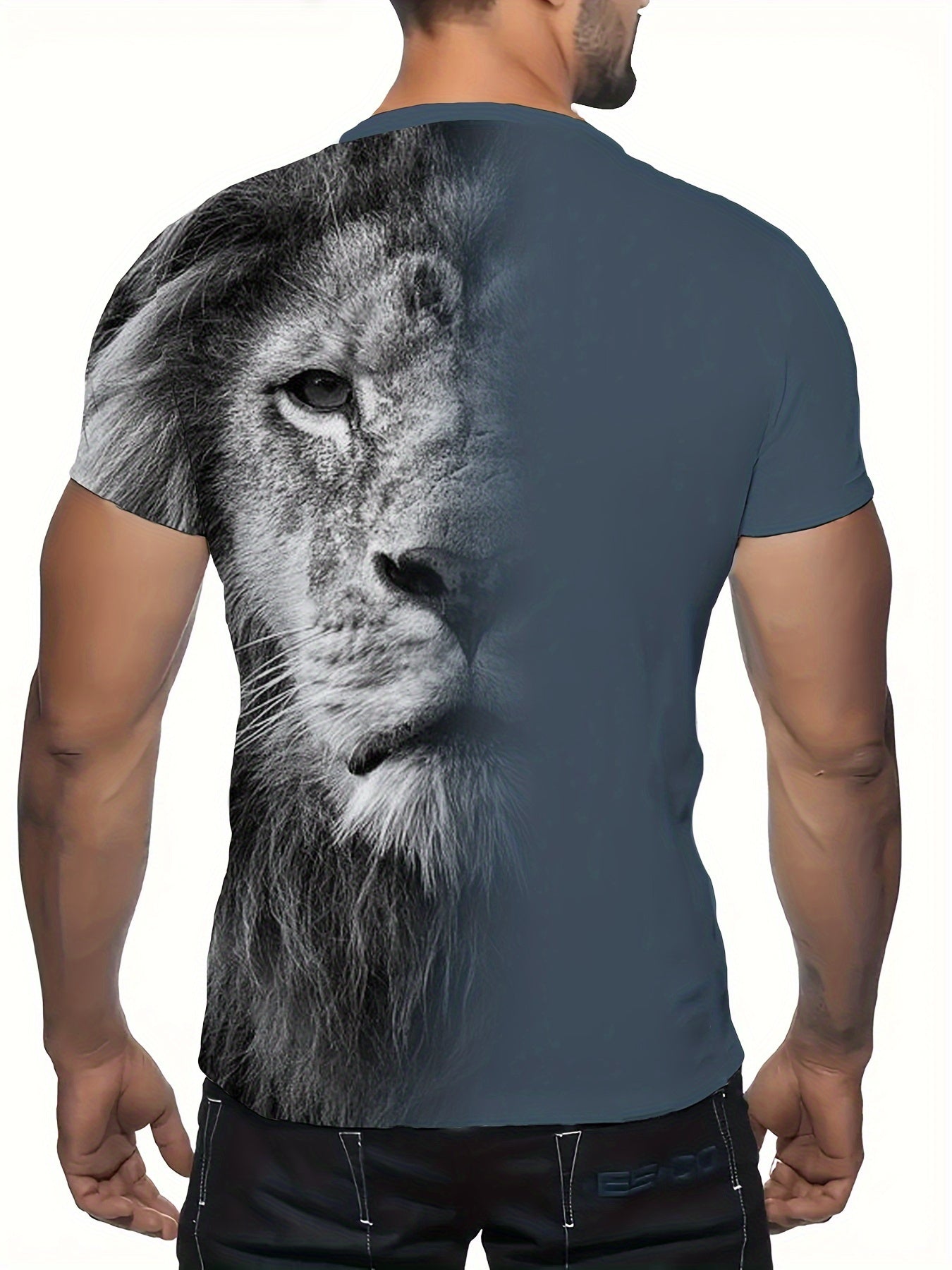 Men's Casual Short Sleeve Crew Neck T-Shirt - 'FAITH' & Lion Splicing Print Comfy Tee, Great Gift Idea