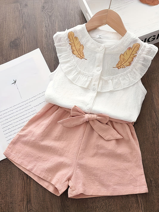 2pcs 100% Cotton Elegant Girls Outfits: Sleeveless Ruffle Trim Shirt Pullover + Shorts Set with Bow Belt for Summer Outdoor