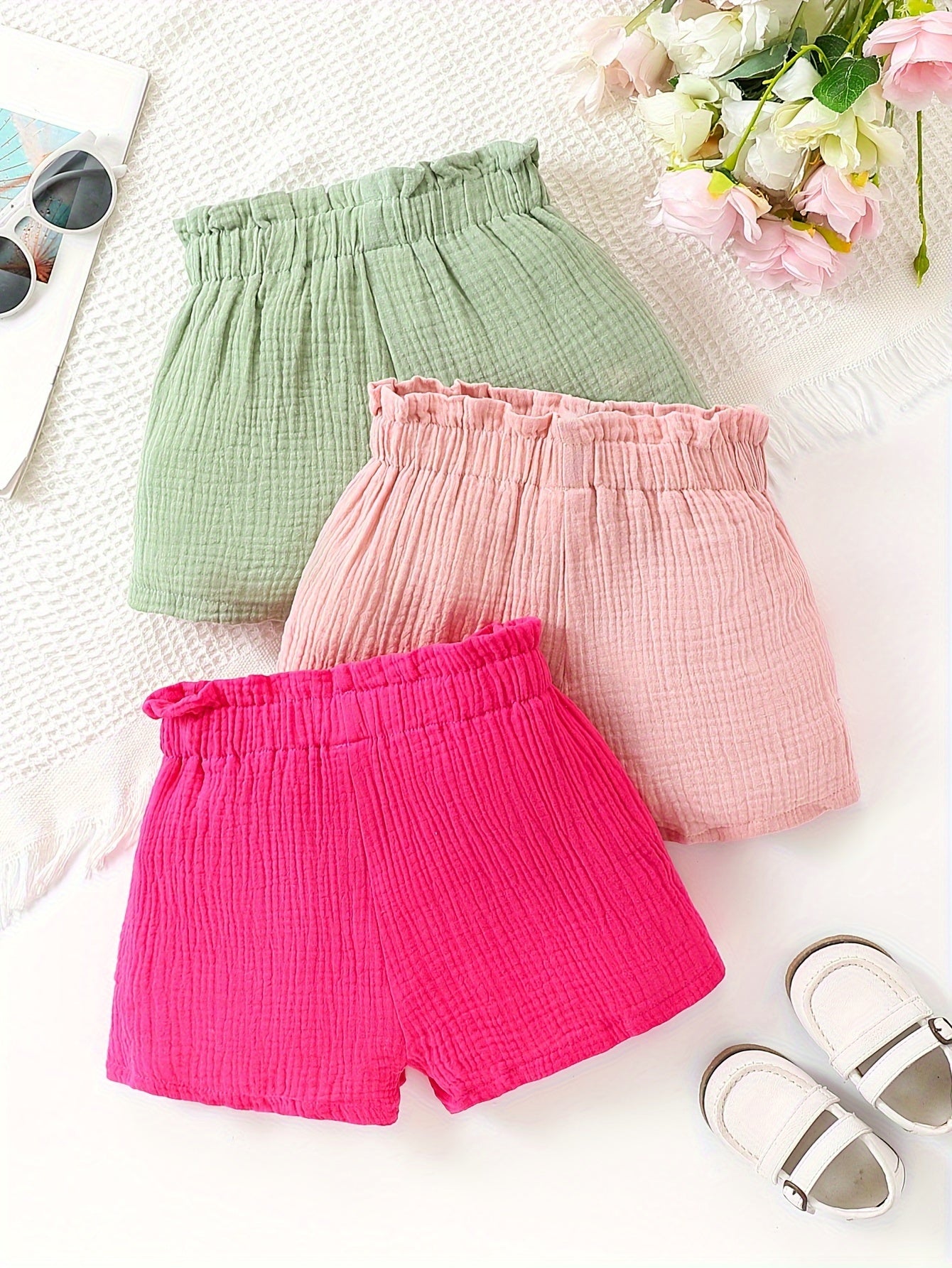 3pcs Girls’ Muslin Bow Decor Shorts – Soft, Breathable, 100% Cotton Summer Outfit