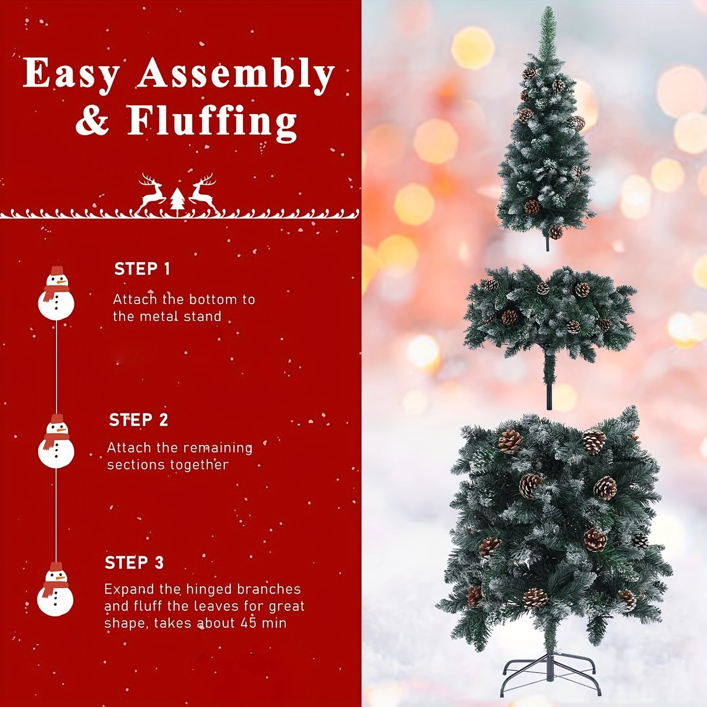 350/400 LED Pre-Lit Pencil Christmas Tree – 6.5FT/7.5FT Artificial Snow Flocked Design with Pine Cones & Metal Base