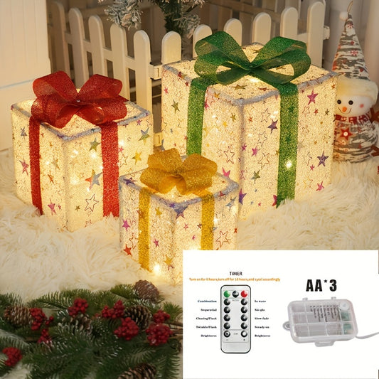 VIHOSE 3 Pcs Christmas Lighted Decor Gift Boxes Outdoor Light Up With Ribbon Bows And 66ft 200 LED String Lights Christmas Tree Xmas Indoor Decorations (Red, Green, Blue, 6.3/7.5/8.7 Inch)