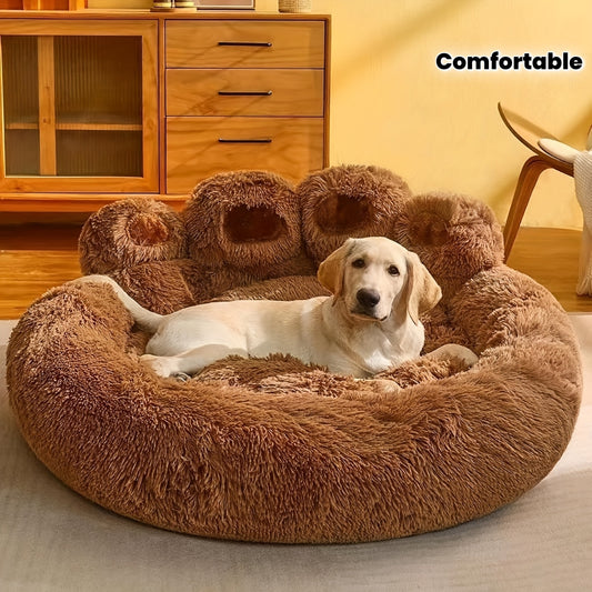 Warm And Comfortable Soft Dog Round Mattress - Coffee Colored - Cute Bear Paw Shaped Dog Bed And Cat Bed - Calm Donut Pet Bed - Plush Dog And Cat Cushion Bed With A Pet Scarf