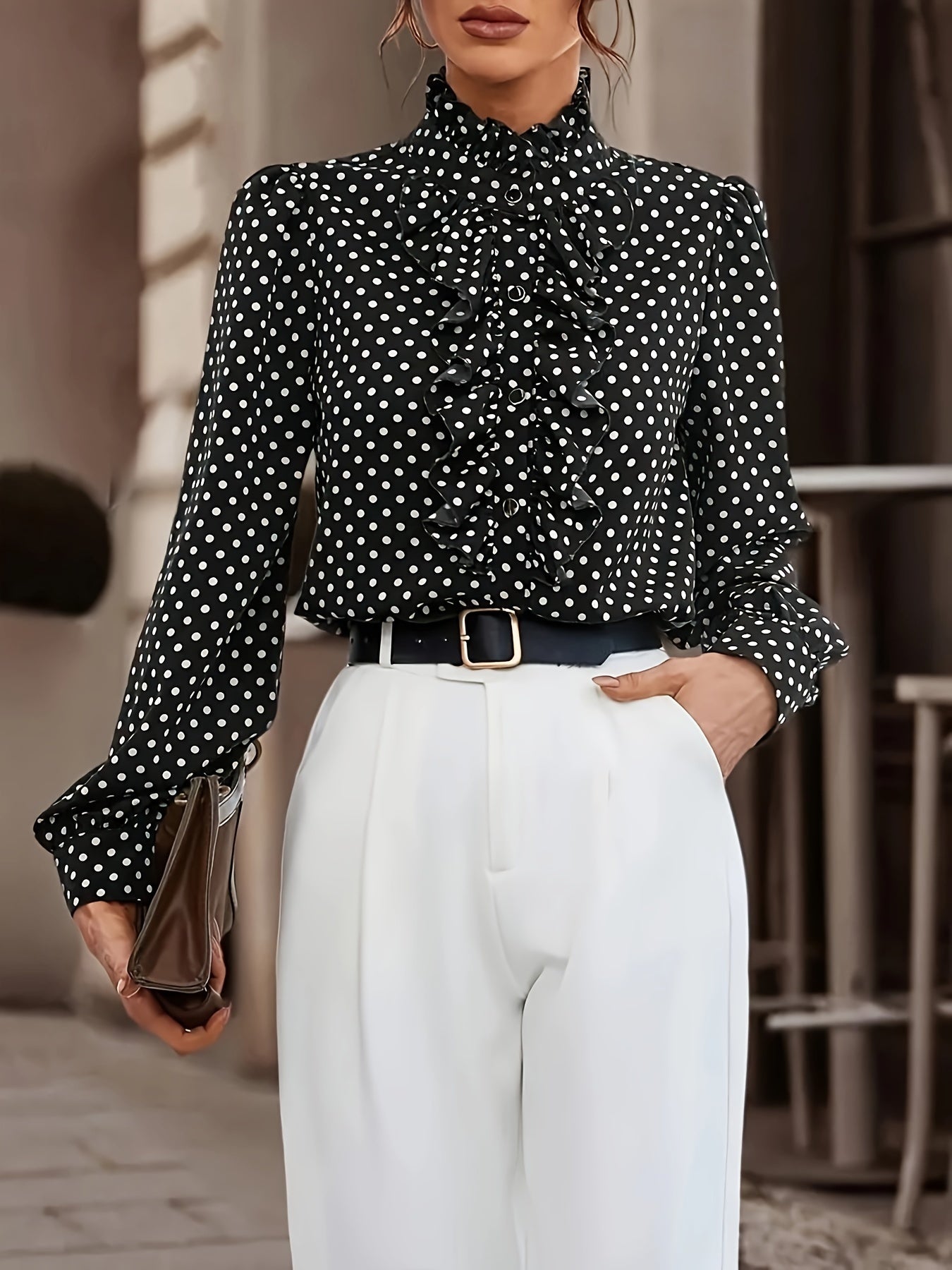 Flirty Polka-dot Ruffle Blouse - Timeless Vintage Style - Long Sleeve For Spring & Fall - Chic Womens Fashion