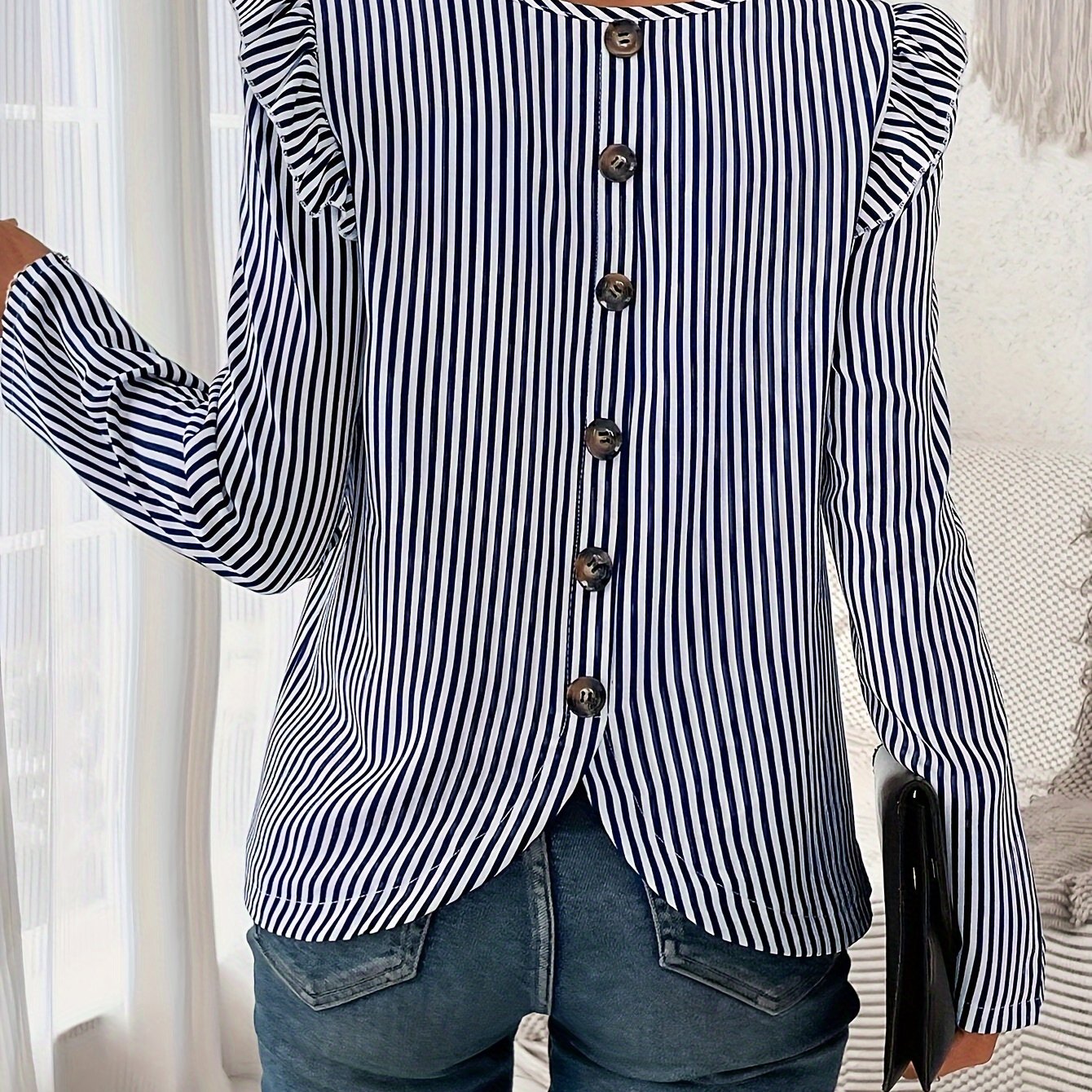 Stripe Print Button Back Button Ruffle Shirt