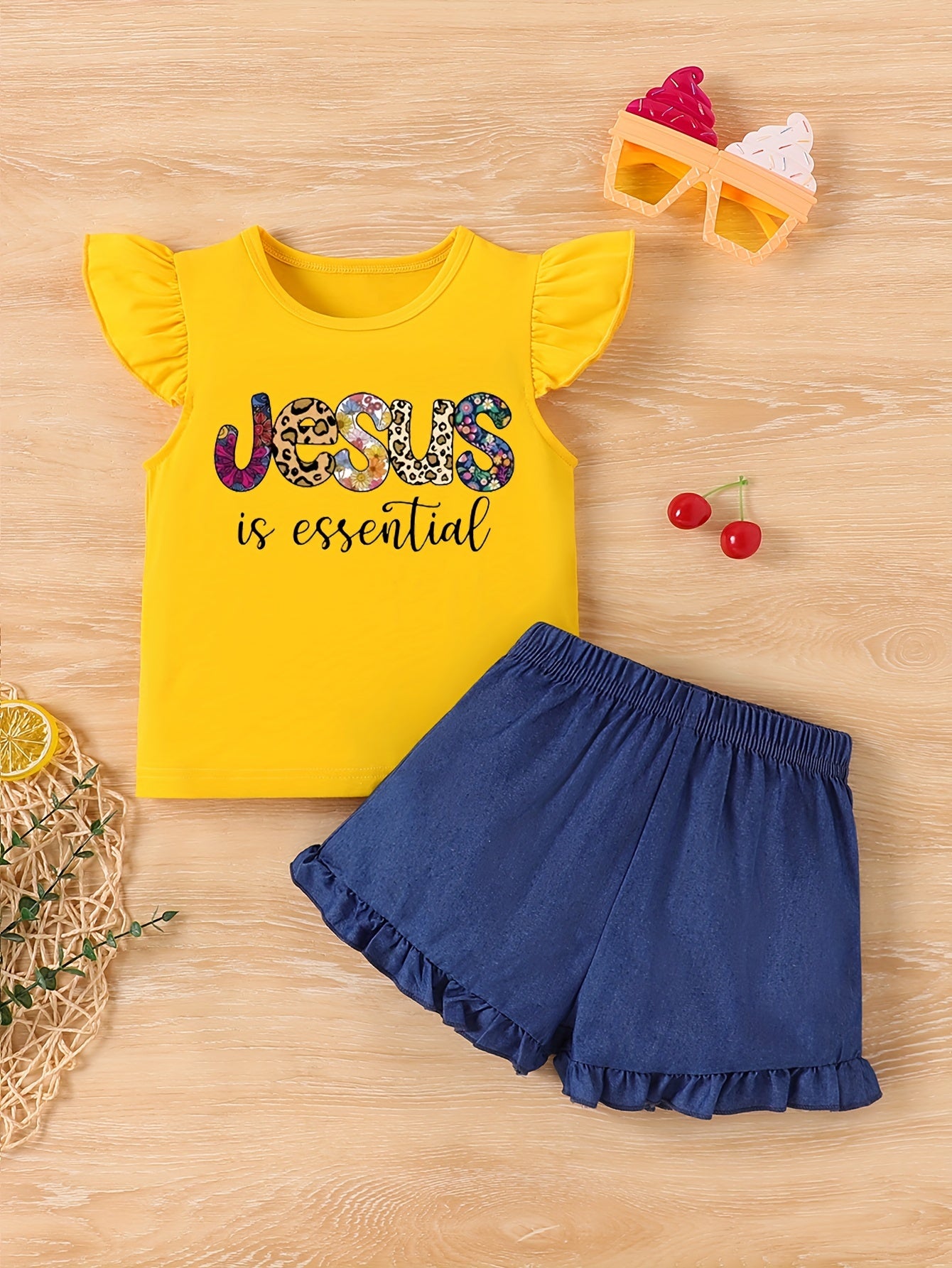 Jesus Is Essential Print, Baby Girls' Trendy & Stylish Outfit, 2pcs/set Short Sleeve Crew Neck Ruffle Trim Tee & Ruffle Hem Shorts For Spring & Summer, Toddler Girls' Clothing