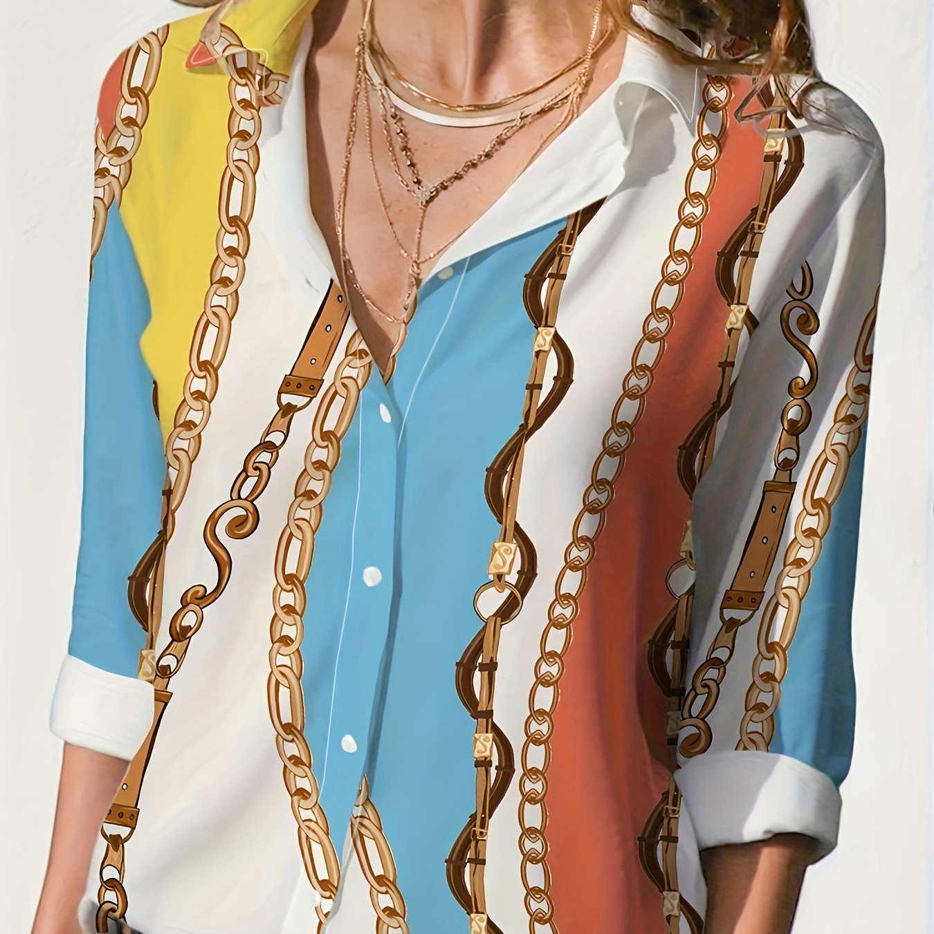 Long Sleeve Women's Blouse - Color Blocking Chain Printing, Button Front, Lapel Design - Versatile For Casual Or Office Wear