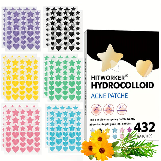 432pcs HITWORKER Star & Heart Hydrocolloid Patches - Waterproof Non-Drying, Colorful Cute Pimple Stickers with Star & Heart Shapes, Sensitive Light Safe, Invisible Under Makeup, for Face, Teens & Adults, All Light Types (, Bl