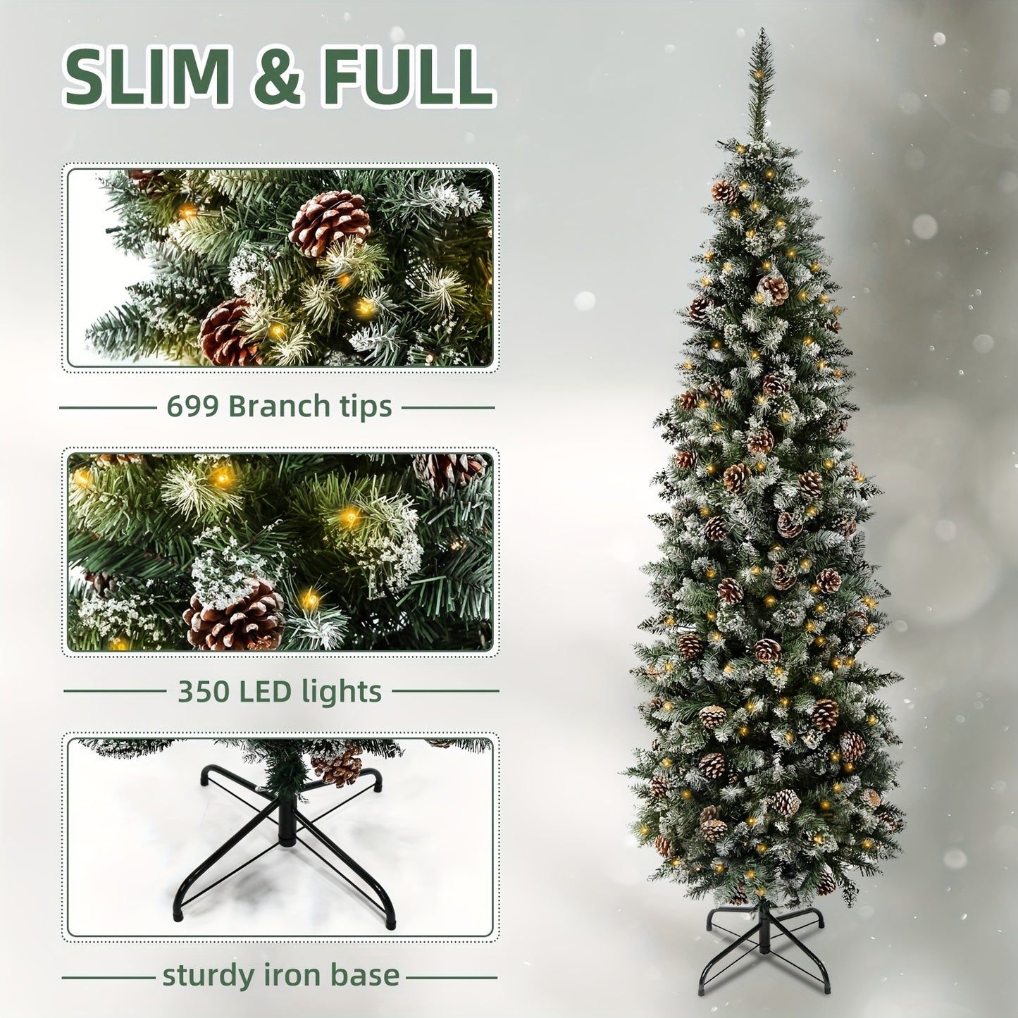 350/400 LED Pre-Lit Pencil Christmas Tree – 6.5FT/7.5FT Artificial Snow Flocked Design with Pine Cones & Metal Base