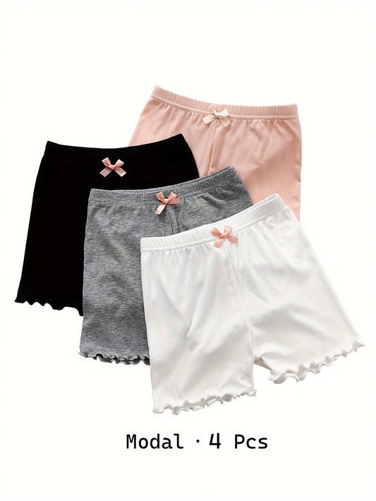 4pcs Girls’ Solid Color Frill Trim Shorts – Breathable, Versatile & Comfy Summer Gift