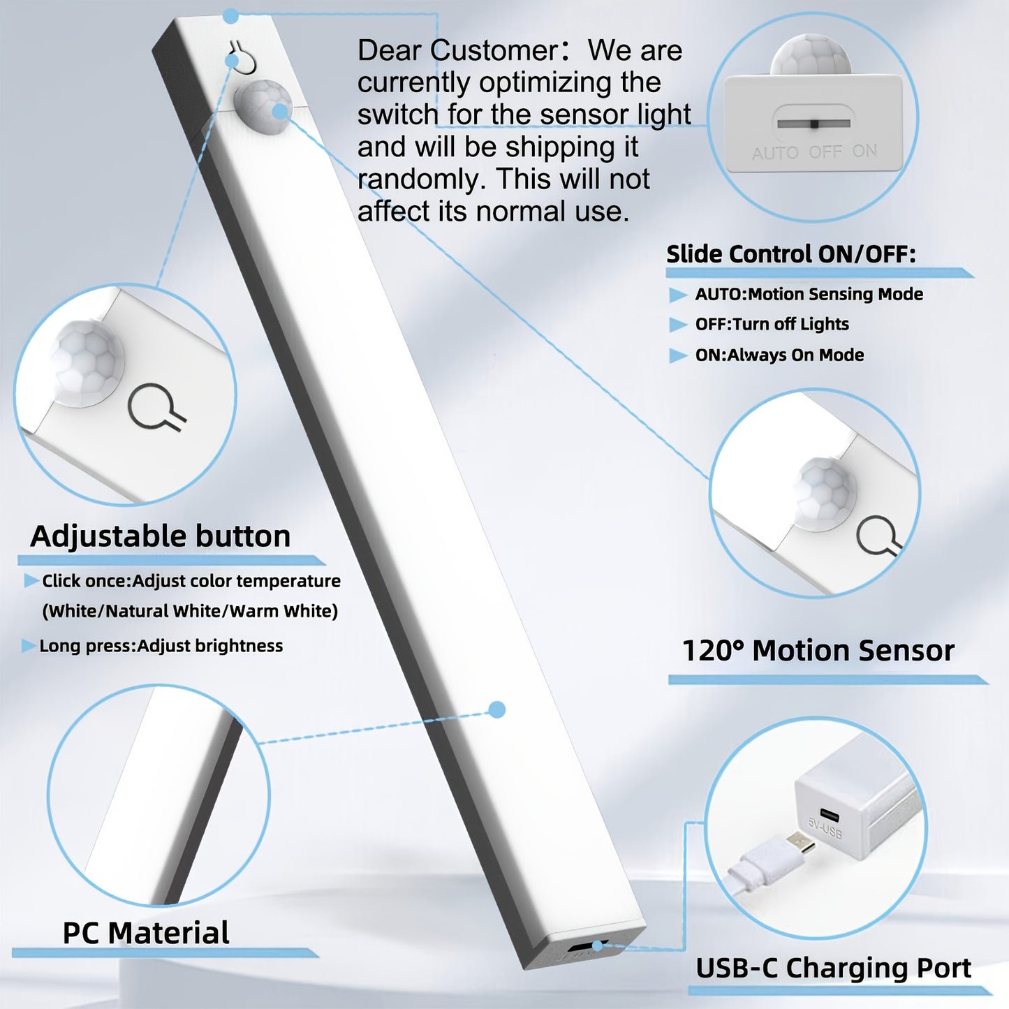Set of 3 LED Lights with Motion Detection - Adjustable Brightness for Cabinets, Rechargeable Via USB, Featuring Three Color Temperatures (3000K/4500K/6000K), Suitable for Use As Night Lights in Bedrooms, Staircases, Kitchens,